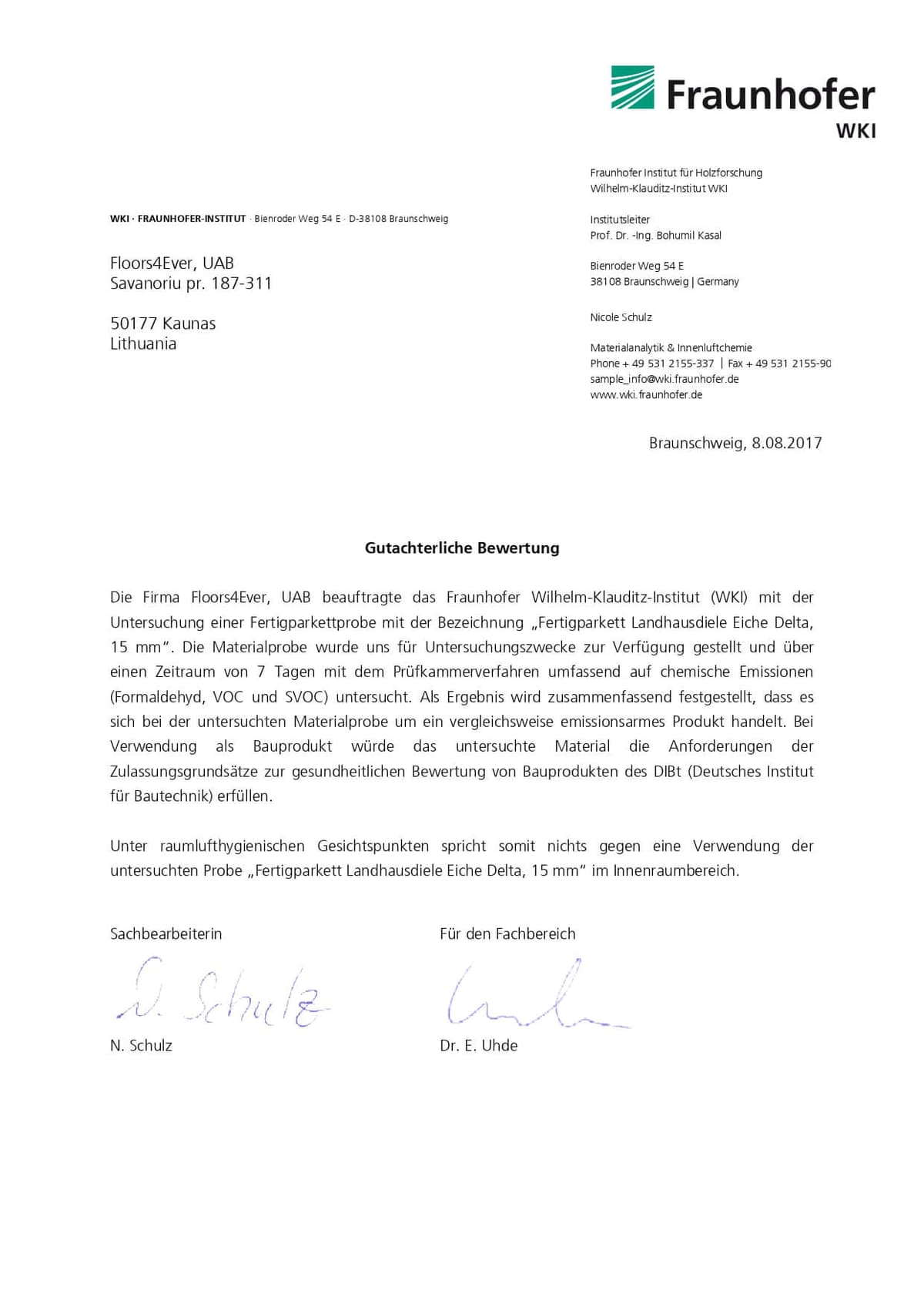 Fraunhofer Institute Braunschweig test certificate for Floors4Ever flooring